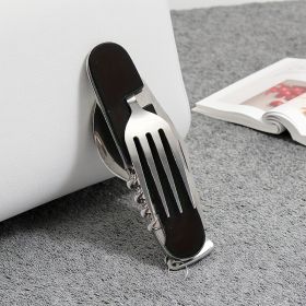 Stainless Steel 6-in-1 Multi-Tool Cutlery Set, Folding Pocket Knife with Fork, Spoon, Can Opener, Corkscrew, and Bottle Opener (Color: Black)